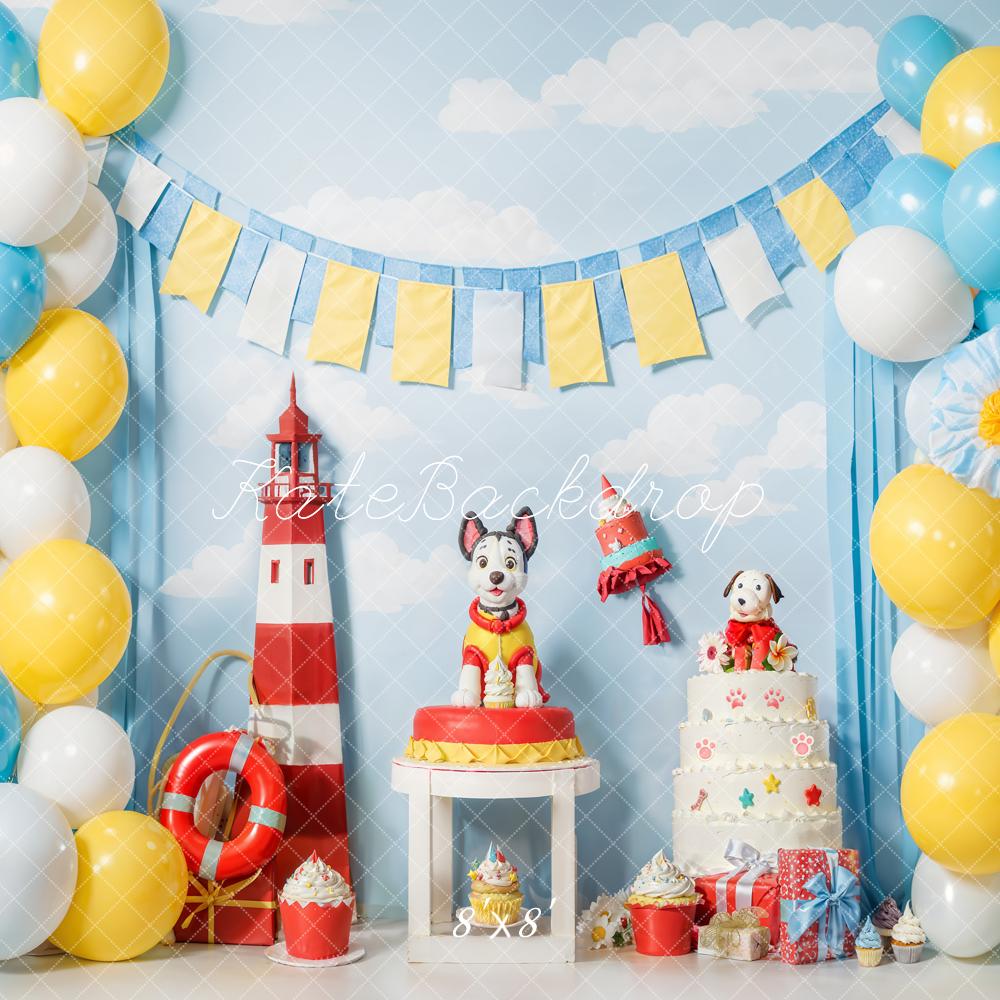 Kate Geburtstag Hund Leuchtturm Ballons Bunt Hintergrund Entworfen von Emetselch - Kate Backdrop.de