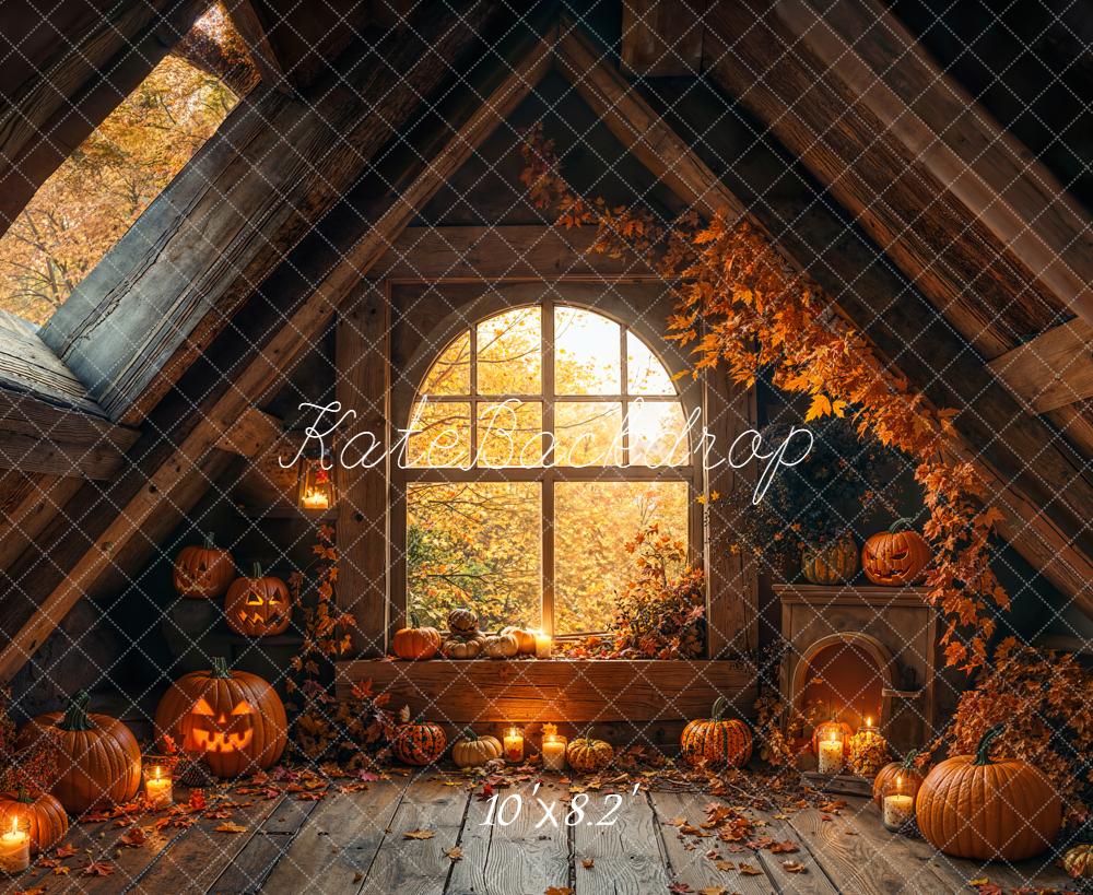 Kate Halloween Kürbisse Fenster Dachboden Fleece Hintergrund Entworfen von Emetselch - Kate Backdrop.de