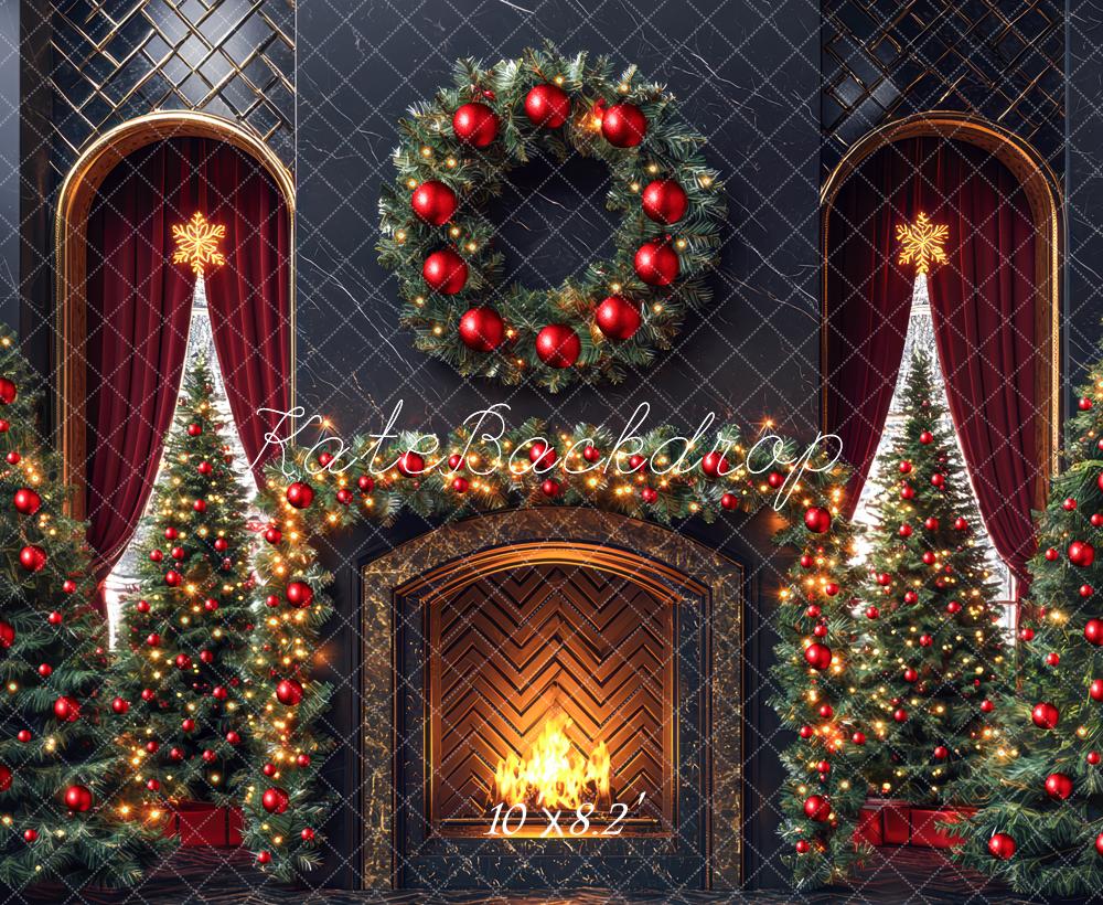 Kate Weihnachten Kamin Kranz Tannenbäume Hintergrund Entworfen von Mini MakeBelieve - Kate Backdrop.de