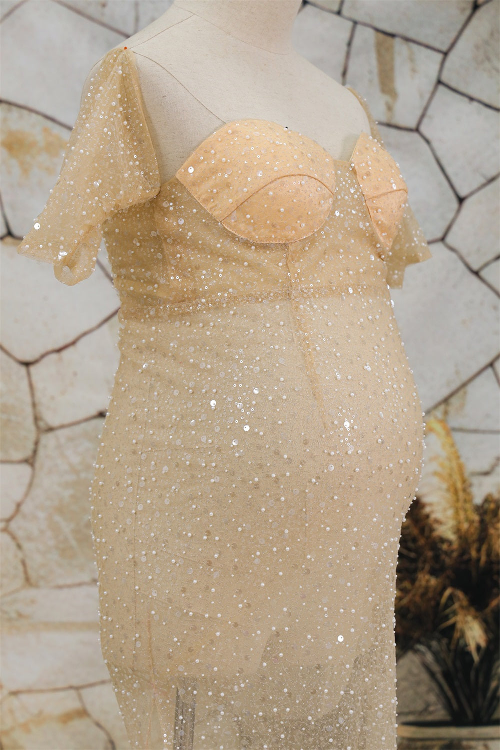 Kate Bead Embroidered Mesh Split Ends Trailing Maternity Photoshoot Dress - Kate Backdrop.de