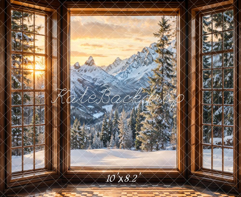 Kate Winter Fenster Berge Braun Hintergrund Entworfen von Emetselch - Kate Backdrop.de
