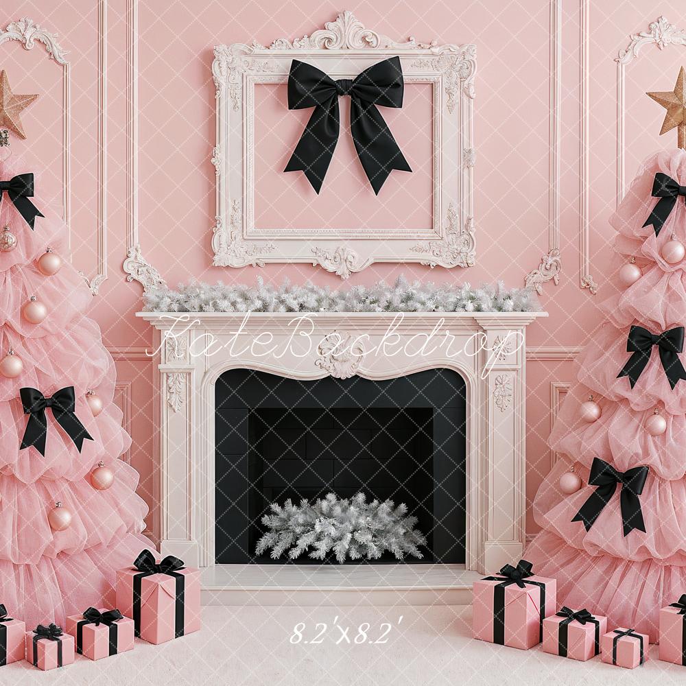 Kate Weihnachten Rosa Weihnachtsbäume Kamin Hintergrund Entworfen von Ashley Paul - Kate Backdrop.de