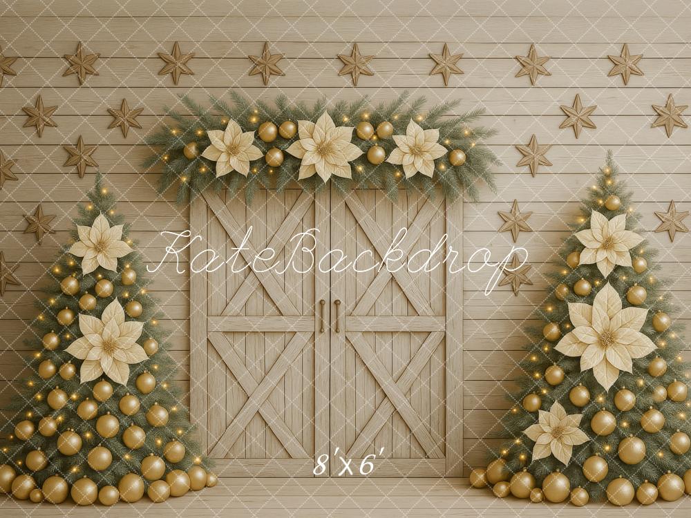 Kate Weihnachten Tannenbäume Gold Beige Hintergrund Entworfen von Megan Leigh - Kate Backdrop.de