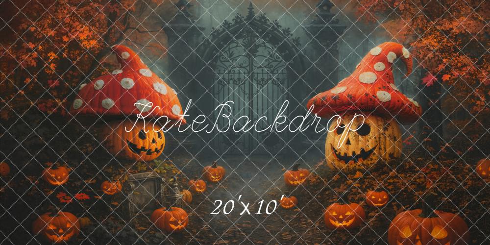 Kate Halloween Kürbis Pilzhäuser Tor Nebel Hintergrund Entworfen von Chain - Kate Backdrop.de