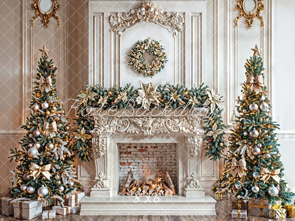 Kate Weihnachten Kamin Tannenbäume Gold Hintergrund Entworfen von Emetselch