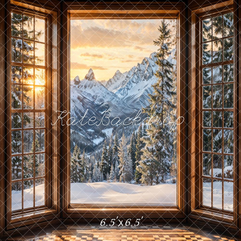 Kate Winter Fenster Berge Braun Hintergrund Entworfen von Emetselch - Kate Backdrop.de