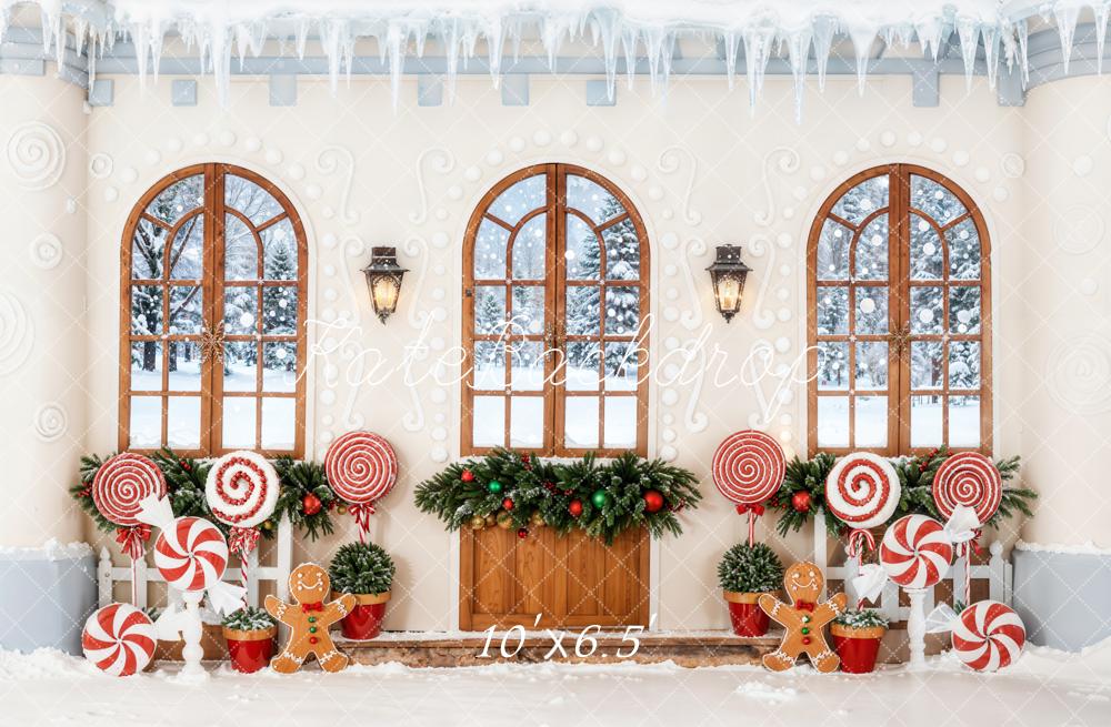 Kate Weihnachten Lebkuchenhaus Zuckerstangen Fenster Fleece Hintergrund Entworfen von Emetselch