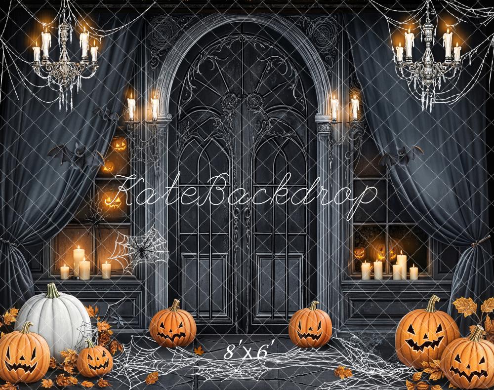 Kate Halloween Kürbisse Spinnweben Grau Fleece Hintergrund Entworfen von Chain - Kate Backdrop.de