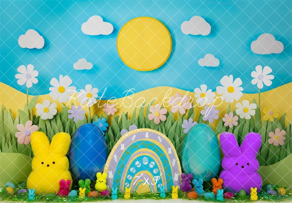 Kate Ostern Hase Eier Blumenwiese Bunt Hintergrund Entworfen von Mini MakeBelieve