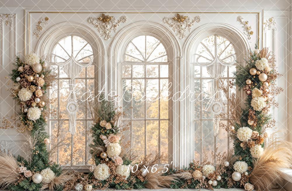 Kate Weihnachten Fenster Blumen Gold Fleece Hintergrund Entworfen von Emetselch - Kate Backdrop.de