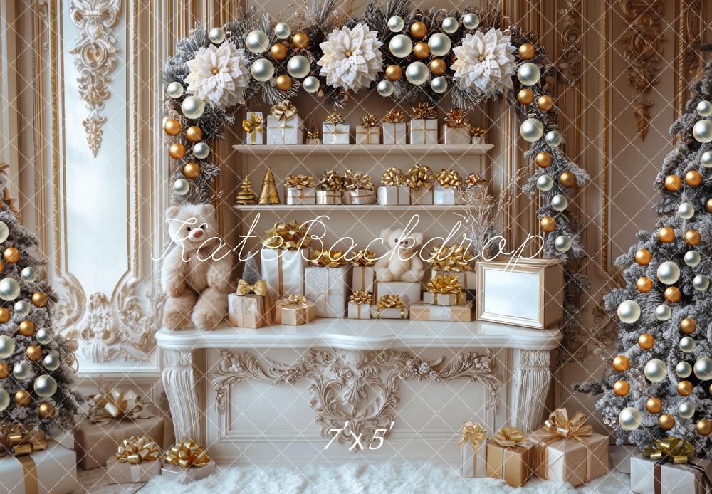Kate Weihnachten Geschenke Festlich Gold Weiß Hintergrund Entworfen von Mini MakeBelieve - Kate Backdrop.de