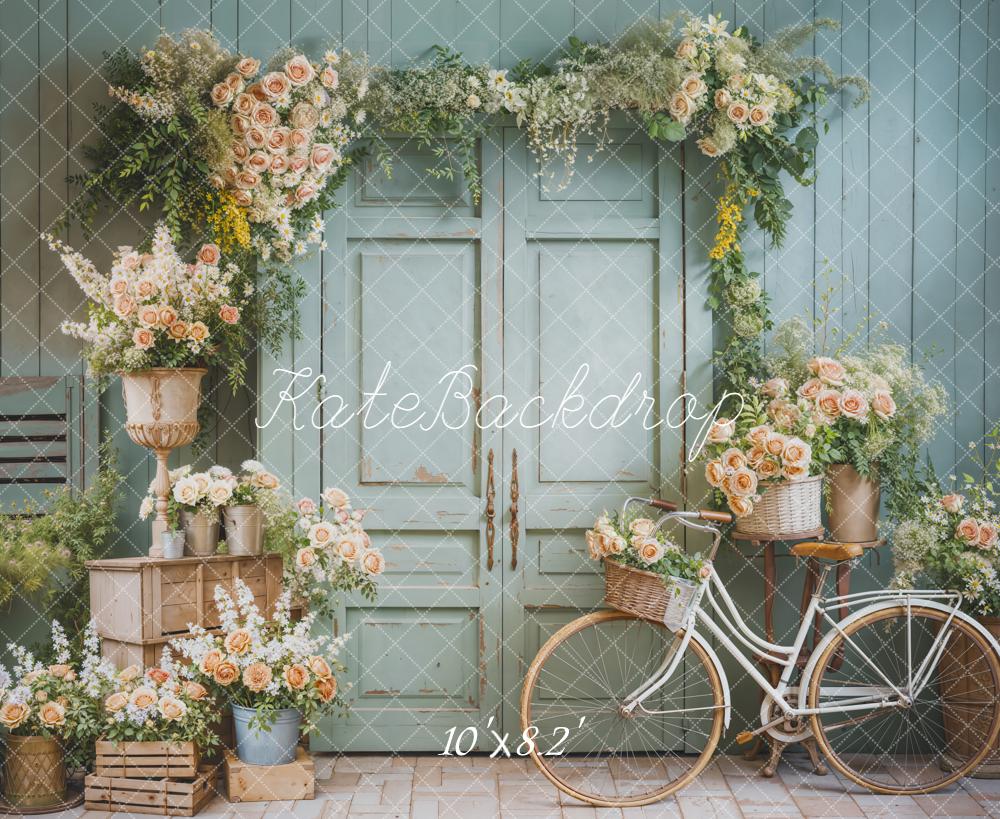 Kate Frühling Blumen Fahrrad Türkis Fleece Hintergrund Entworfen von Emetselch - Kate Backdrop.de