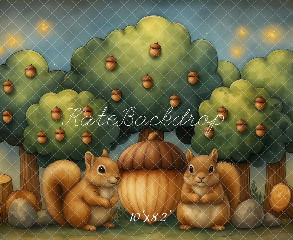 Kate Herbst Eichhörnchen Eichen Bäume Cartoon Hintergrund Entworfen von Mini MakeBelieve - Kate Backdrop.de