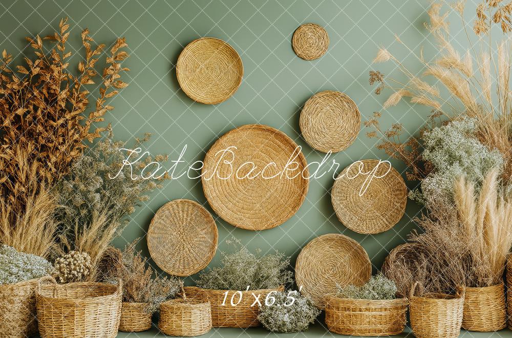 Kate Boho Rattan Körbe Trockenblumen Hintergrund Entworfen von Patty Roberts - Kate Backdrop.de