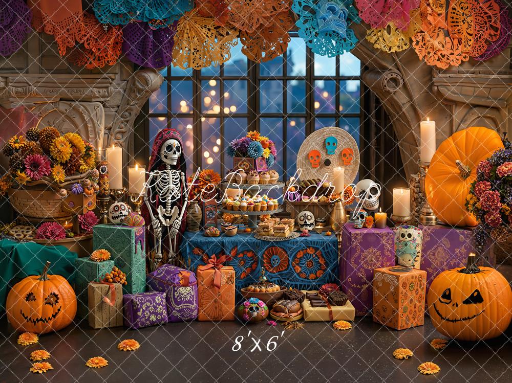 Kate Halloween Skelett Kürbis Bunte Dekoration Fleece Hintergrund Entworfen von Emetselch - Kate Backdrop.de