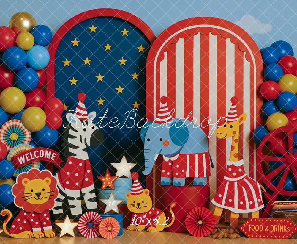 Kate Circus Tiere Luftballons Rot Blau Hintergrund Entworfen von Mini MakeBelieve - Kate Backdrop.de