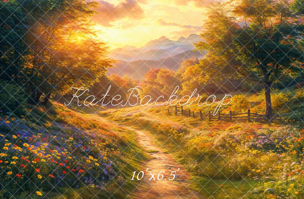 Kate Herbst Landschaft Sonnenuntergang Blumenwiese Fleece Hintergrund Entworfen von Emetselch