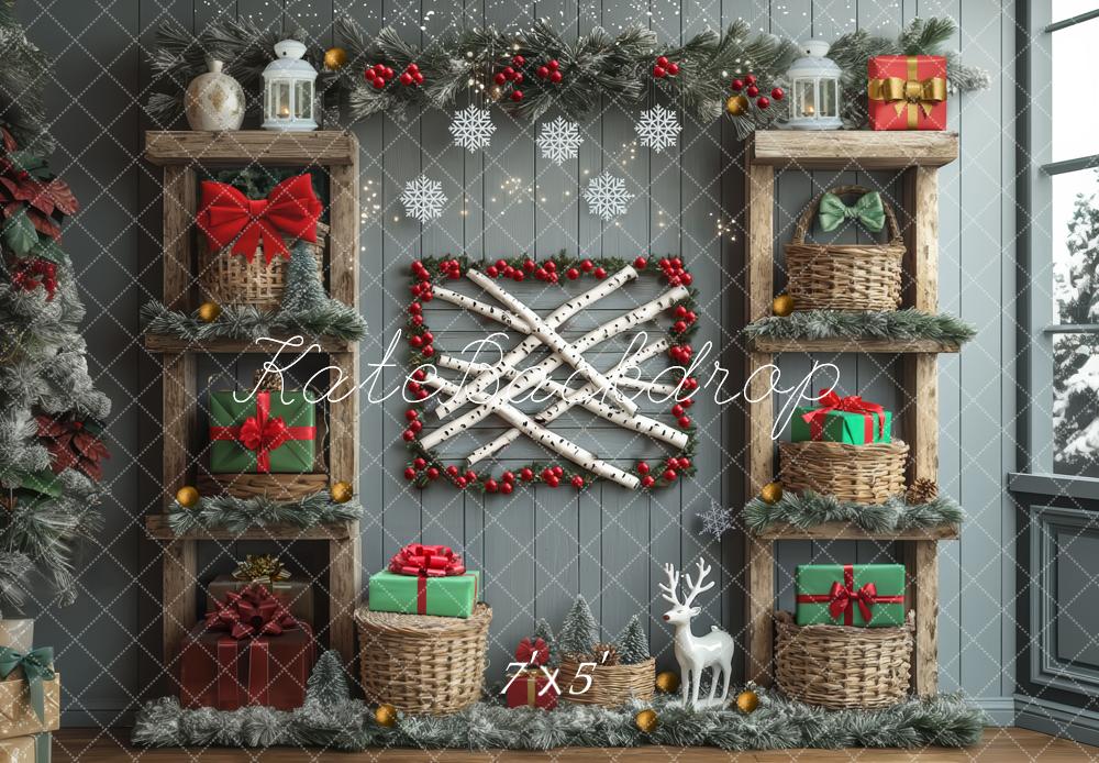 Kate Weihnachten Geschenke Regale Rustikal Hintergrund Entworfen von Mini MakeBelieve - Kate Backdrop.de