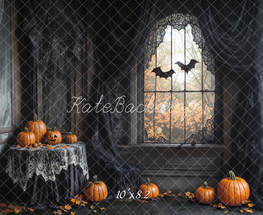 Kate Halloween Kürbis Fenster Spinnennetz Hintergrund Entworfen von Emetselch - Kate Backdrop.de
