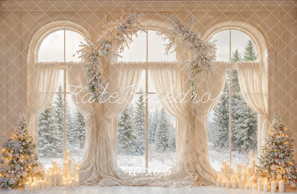 Kate Weihnachten Fenster Vorhänge Kerzen Weiß Fleece Hintergrund Entworfen von Emetselch - Kate Backdrop.de