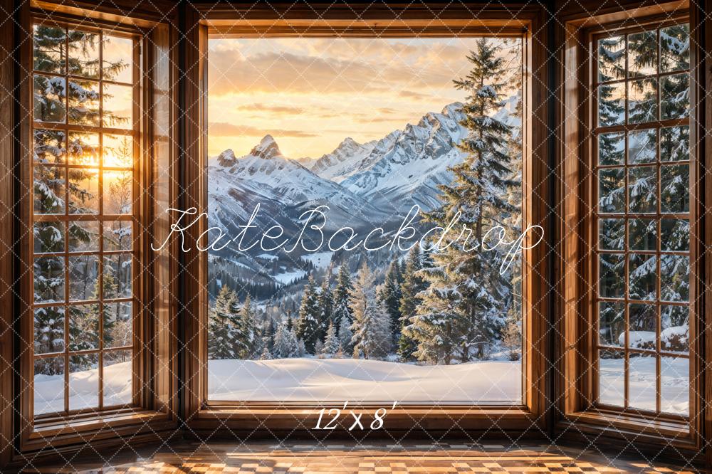 Kate Winter Fenster Berge Sonnenuntergang Fleece Hintergrund Entworfen von Emetselch - Kate Backdrop.de
