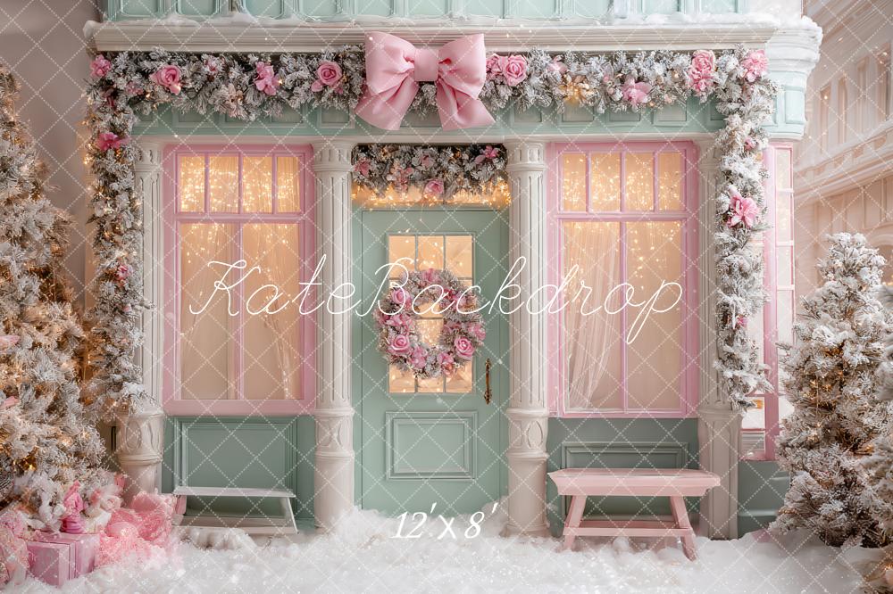 Kate Weihnachten Pastell Geschäft Fassade Rosa Hintergrund Entworfen von Ashley Paul