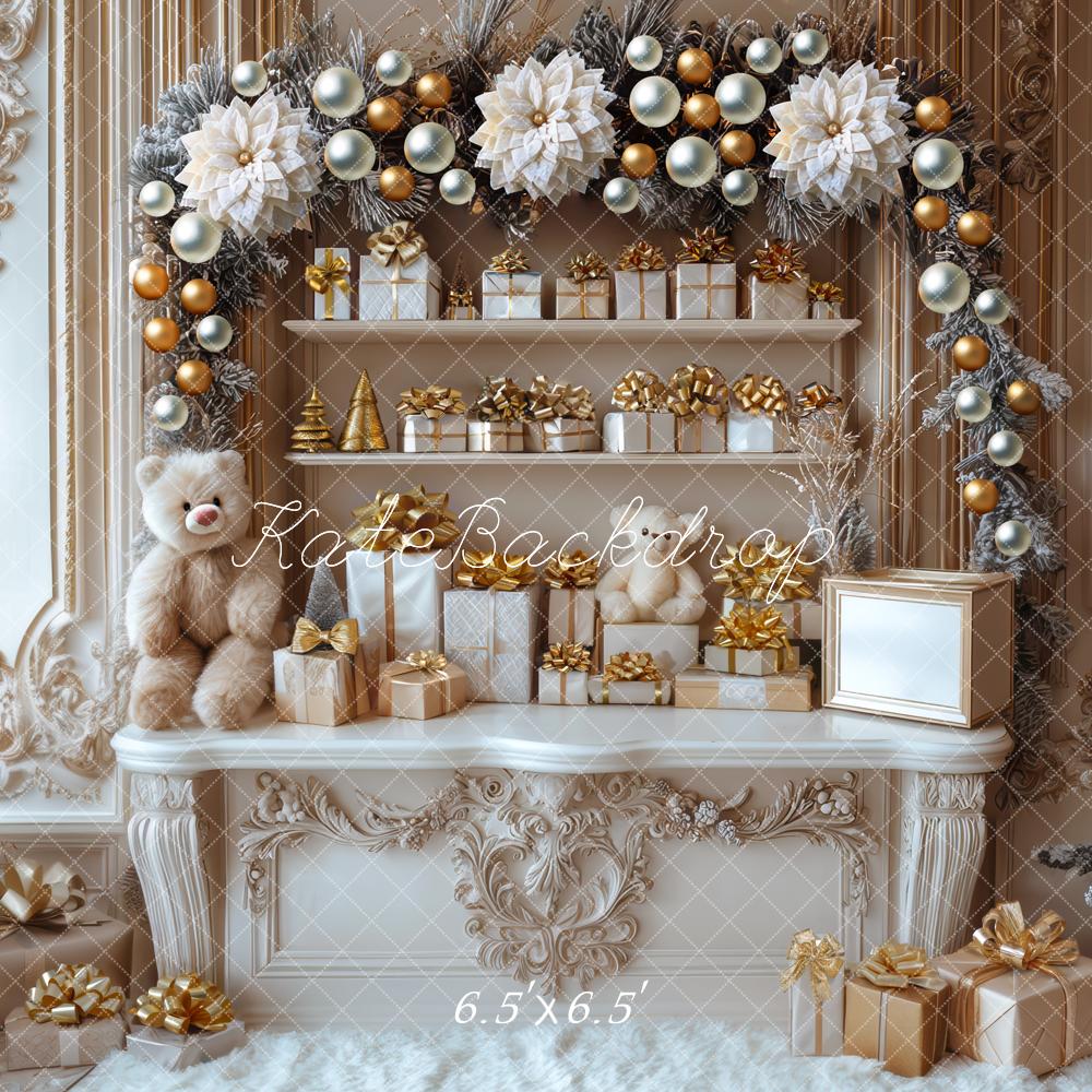Kate Weihnachten Geschenke Festlich Gold Weiß Hintergrund Entworfen von Mini MakeBelieve - Kate Backdrop.de