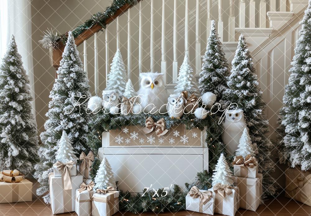 Kate Weihnachten Schnee Eulen Tannen Weiß Hintergrund Entworfen von Mini MakeBelieve - Kate Backdrop.de