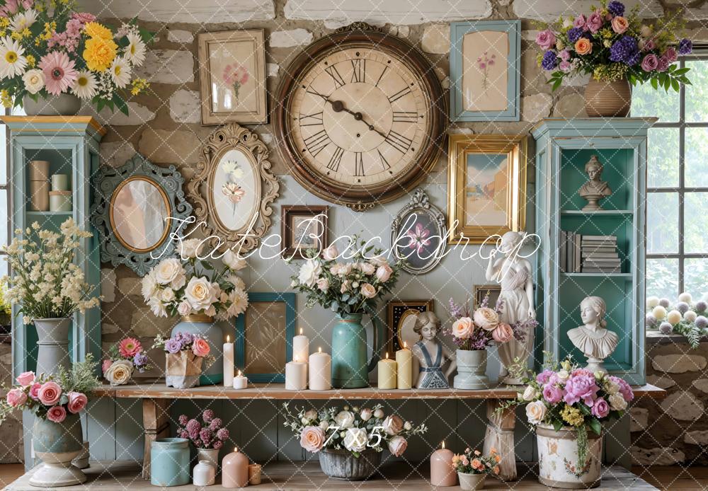Kate Vintage Blumen Bücherregal Steinwand Hintergrund Entworfen von Mini MakeBelieve