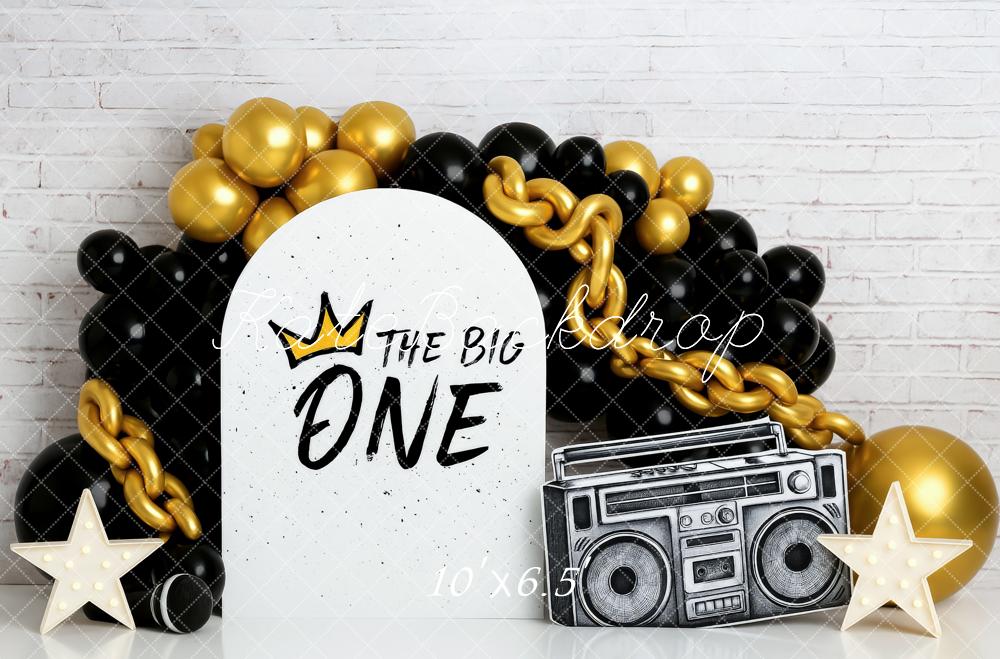 Kate Geburtstag Ballons Ketten Schwarz Gold Hintergrund Entworfen von Patty Roberts - Kate Backdrop.de