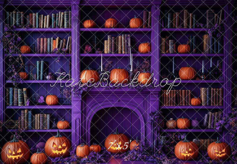 Kate Halloween Kürbisse Bücherregal Lila Hintergrund Entworfen von Patty Roberts - Kate Backdrop.de