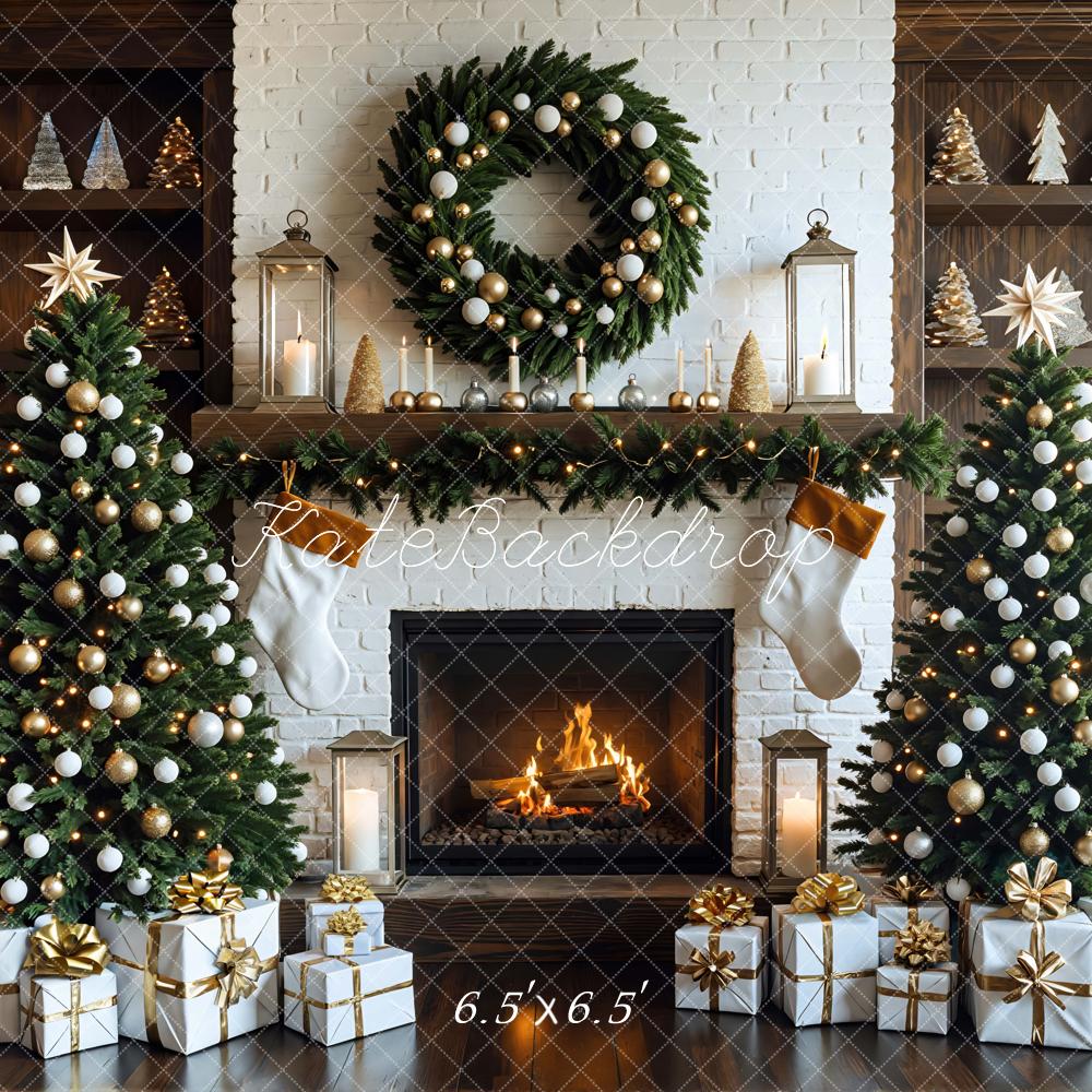 Kate Weihnachten Kamin Tannenbaum Weiß Gold Hintergrund Entworfen von Mini MakeBelieve - Kate Backdrop.de