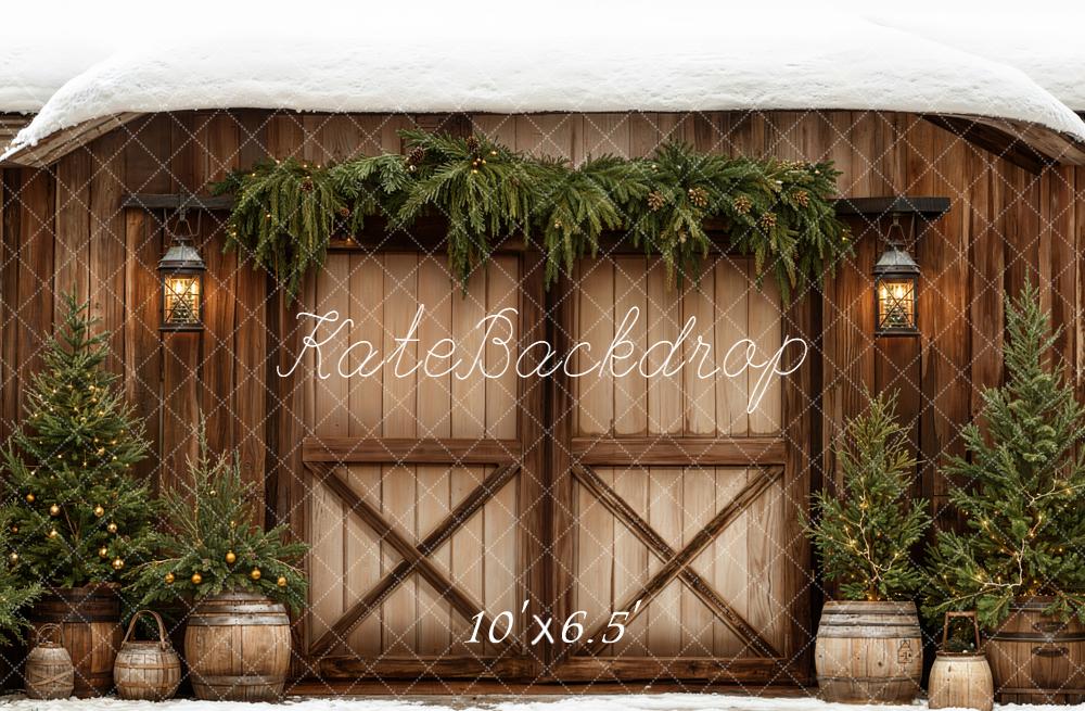 Kate Weihnachten Scheune Tannenbäume Holz Braun Fleece Hintergrund Entworfen von Emetselch - Kate Backdrop.de