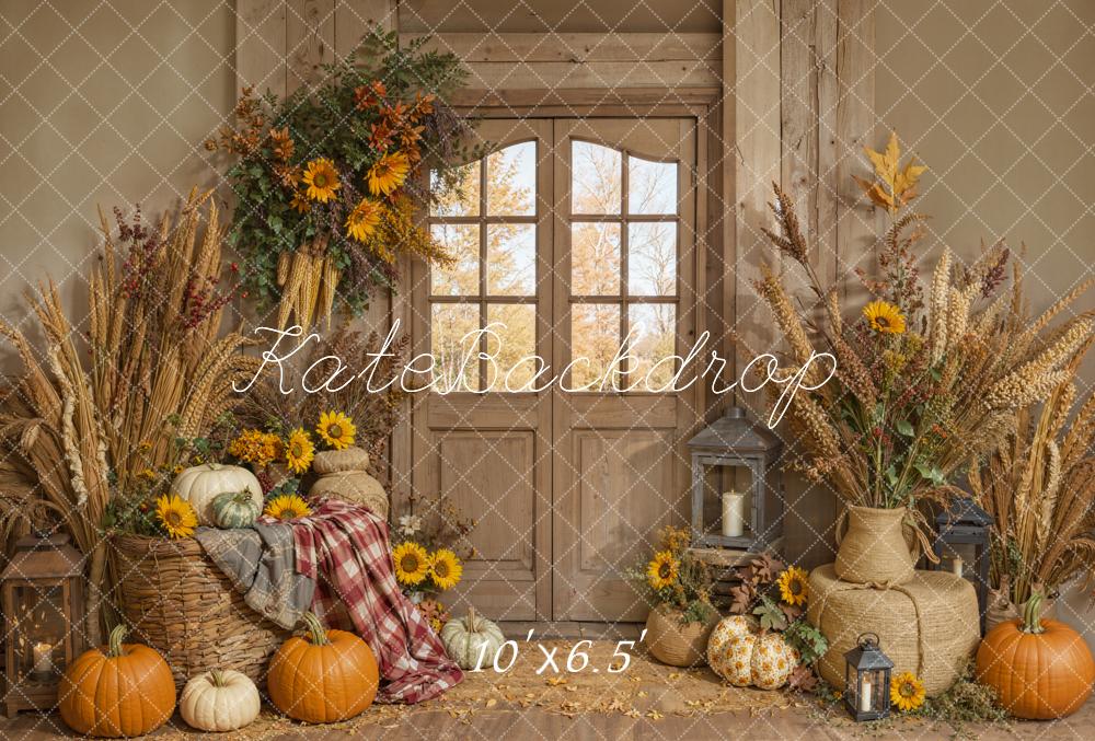 Kate Herbst Kürbisse Sonnenblumen Rustikal Fleece Hintergrund Entworfen von Emetselch - Kate Backdrop.de