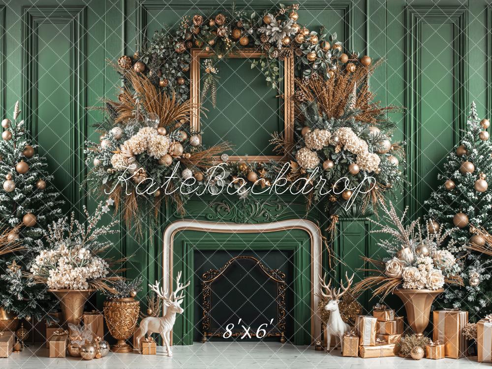 Kate Weihnachten Kamin Kranz Grün Gold Fleece Hintergrund Entworfen von Emetselch - Kate Backdrop.de