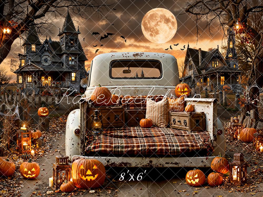 Kate Halloween Oldtimer Kürbisse Spukhaus Fleece Hintergrund Entworfen von Emetselch - Kate Backdrop.de