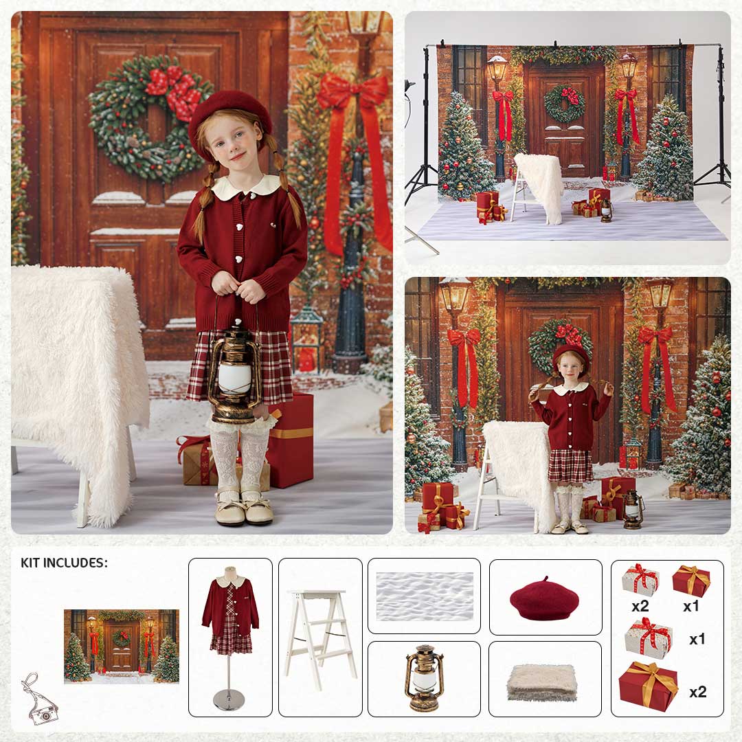 Kate Winter-Weihnachten Baum Rot Front Holztür Kranz Foto Kit - Kate Backdrop.de