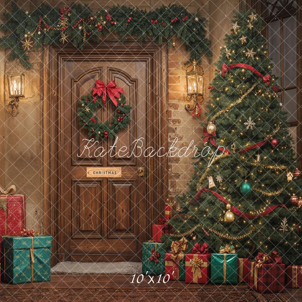 Kate Weihnachten Geschenke Tannenbaum Holztür Hintergrund Entworfen von Emetselch - Kate Backdrop.de