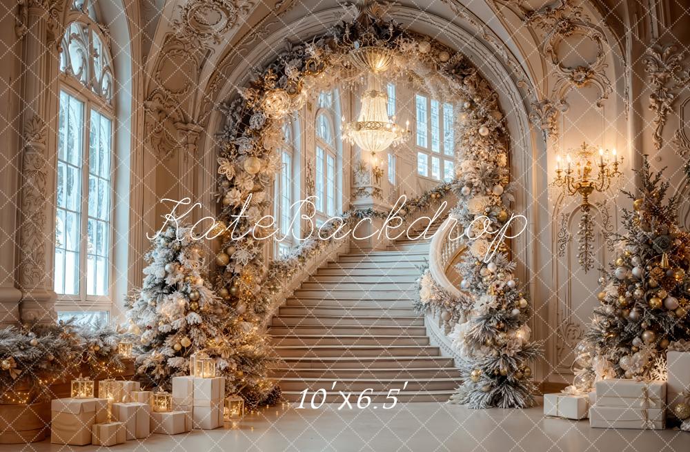 Kate Weihnachten Treppe Geschenke Gold Fleece Hintergrund Entworfen von Emetselch - Kate Backdrop.de