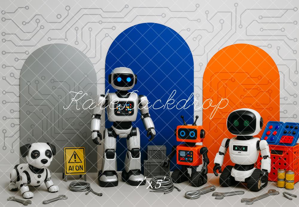 Kate Roboter Hund Werkzeuge Bunt Hintergrund Entworfen von Patty Roberts - Kate Backdrop.de