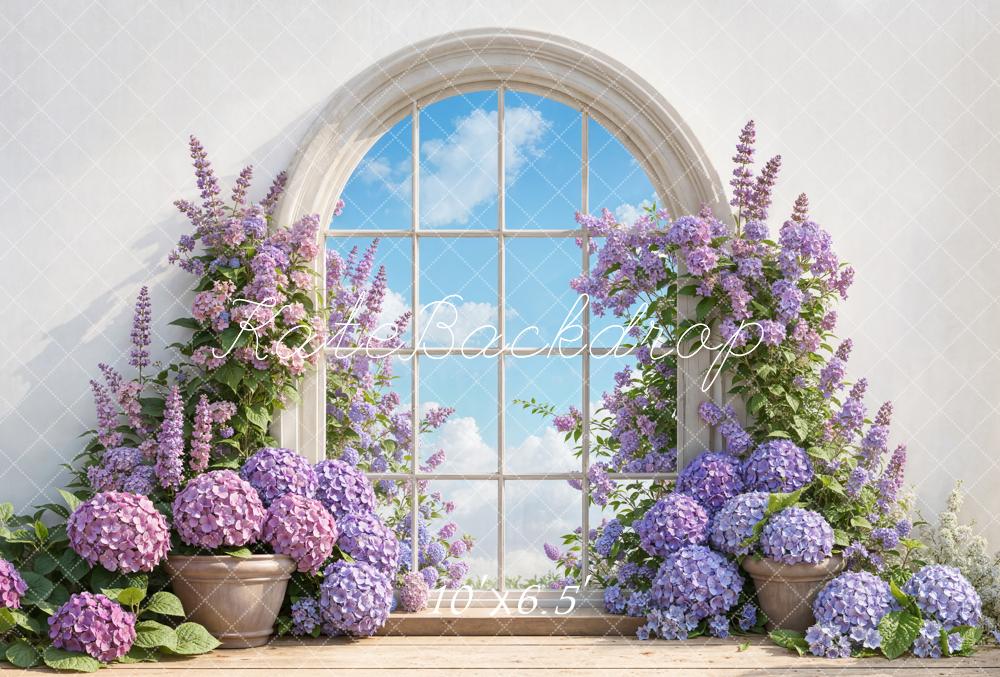 Kate Frühling Fensterbogen Hortensien Lila Fleece Hintergrund Entworfen von Emetselch - Kate Backdrop.de