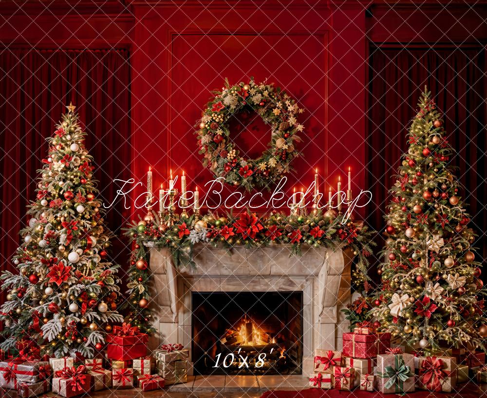 Kate Weihnachten Kamin Weihnachtsbaum Rot Hintergrund Entworfen von Emetselch - Kate Backdrop.de