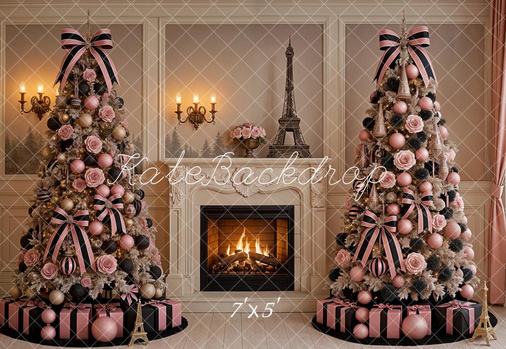 Kate Weihnachten Kamin Weihnachtsbaum Paris Rosa Hintergrund Entworfen von Ashley Paul - Kate Backdrop.de