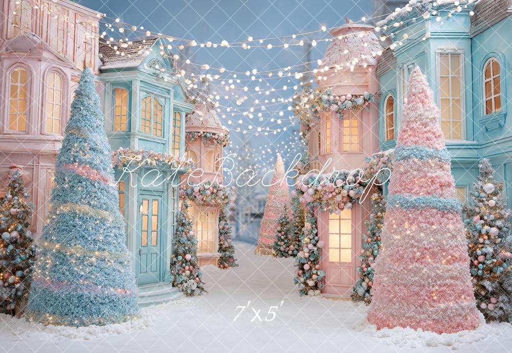 Kate Weihnachten Pastell Häuser Bäume Hintergrund Entworfen von Ashley Paul