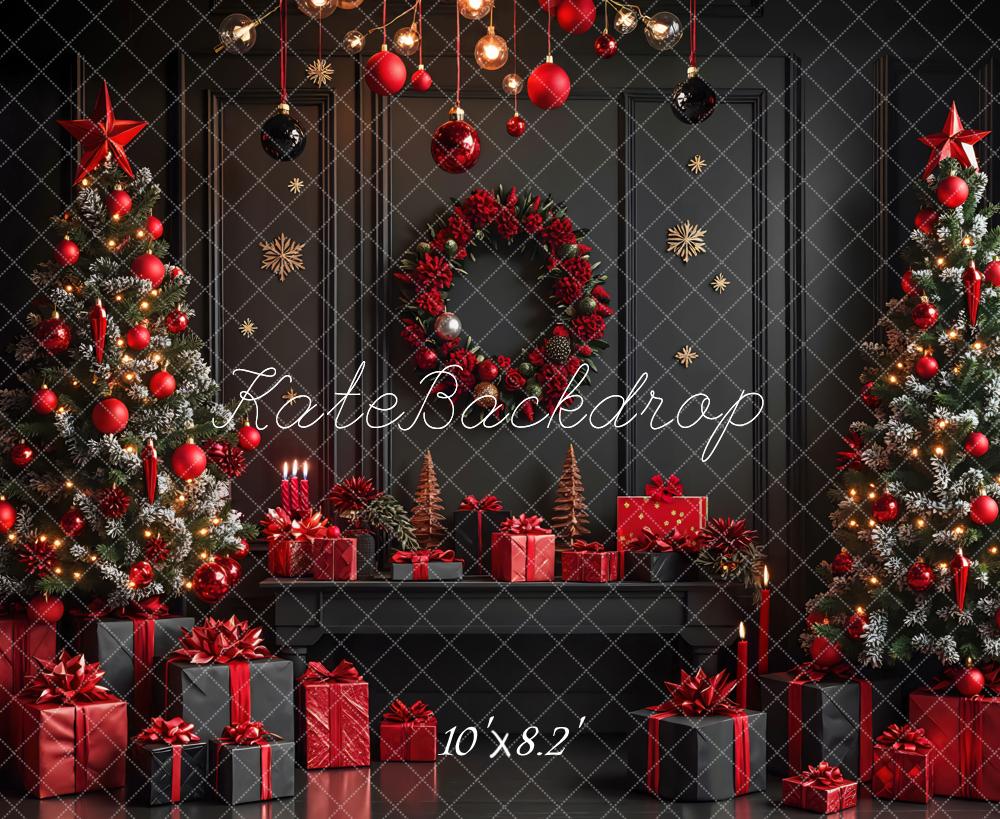 Kate Weihnachten Weihnachtsbaum Geschenke Schwarz Rot Hintergrund Entworfen von Mini MakeBelieve