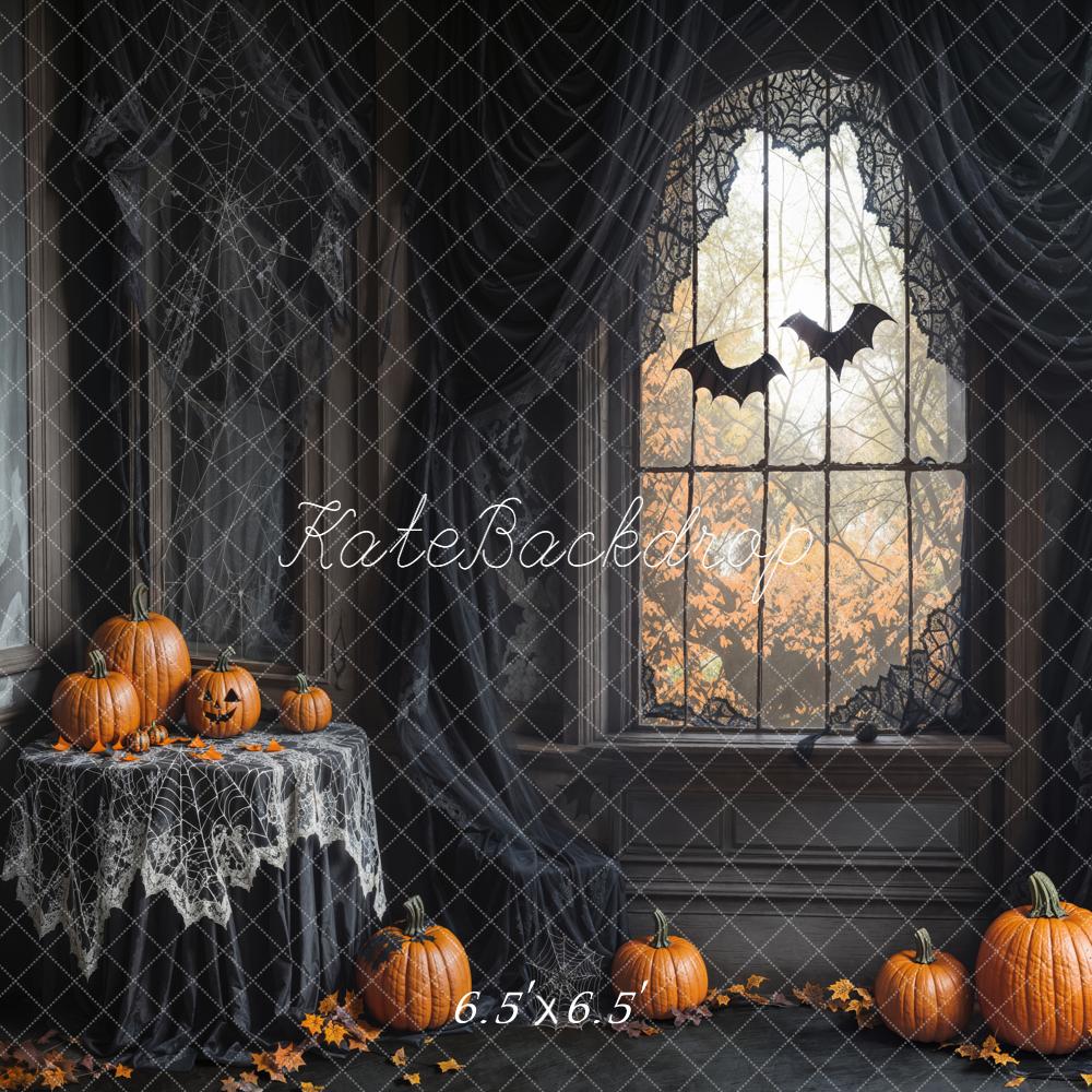 Kate Halloween Kürbis Fenster Spinnennetz Hintergrund Entworfen von Emetselch - Kate Backdrop.de