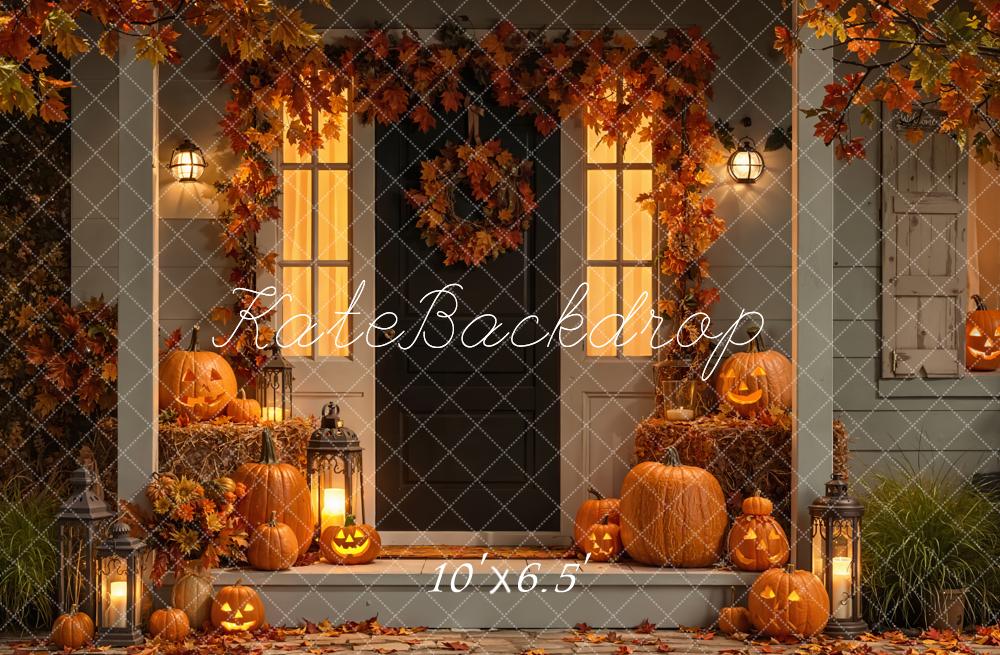Kate Halloween Kürbis Veranda Herbstlaub Fleece Hintergrund Entworfen von Emetselch - Kate Backdrop.de