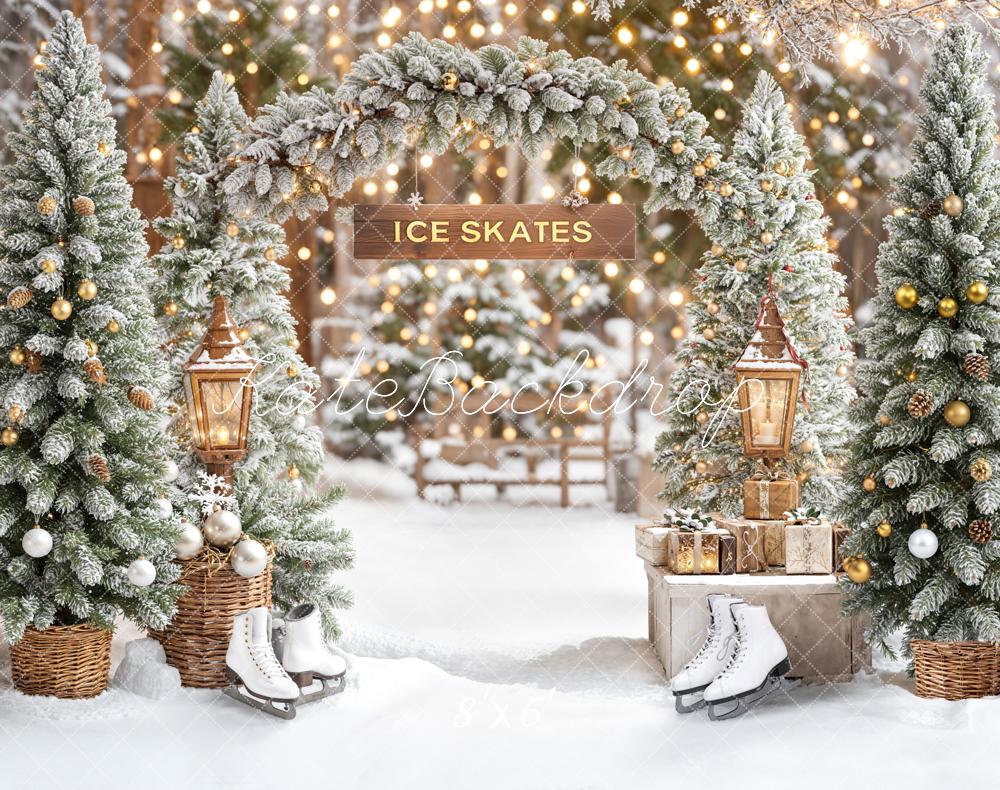 Kate Weihnachten Schnee Tannen Schlittschuhe Fleece Hintergrund Entworfen von Emetselch - Kate Backdrop.de