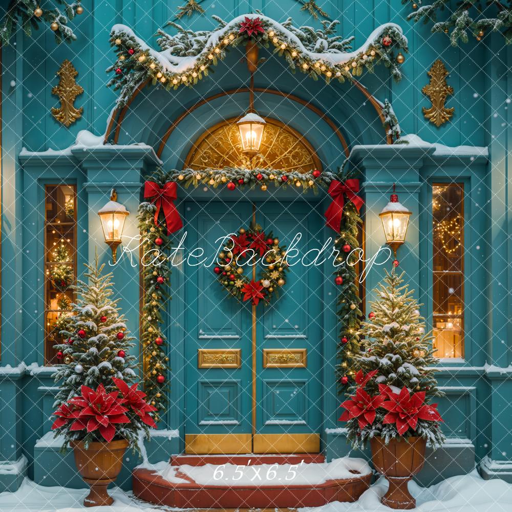 Kate Weihnachten Blaue Tür Kranz Schnee Hintergrund Entworfen von Emetselch - Kate Backdrop.de