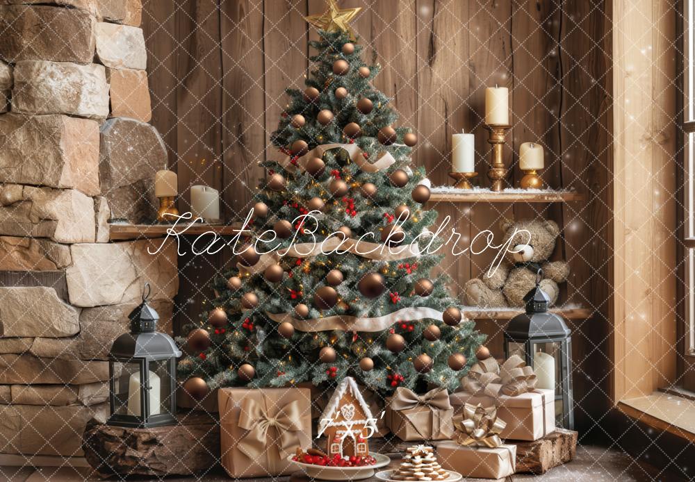 Kate Weihnachten Tannenbaum Geschenke Kamin Holz Hintergrund Entworfen von Mini MakeBelieve - Kate Backdrop.de